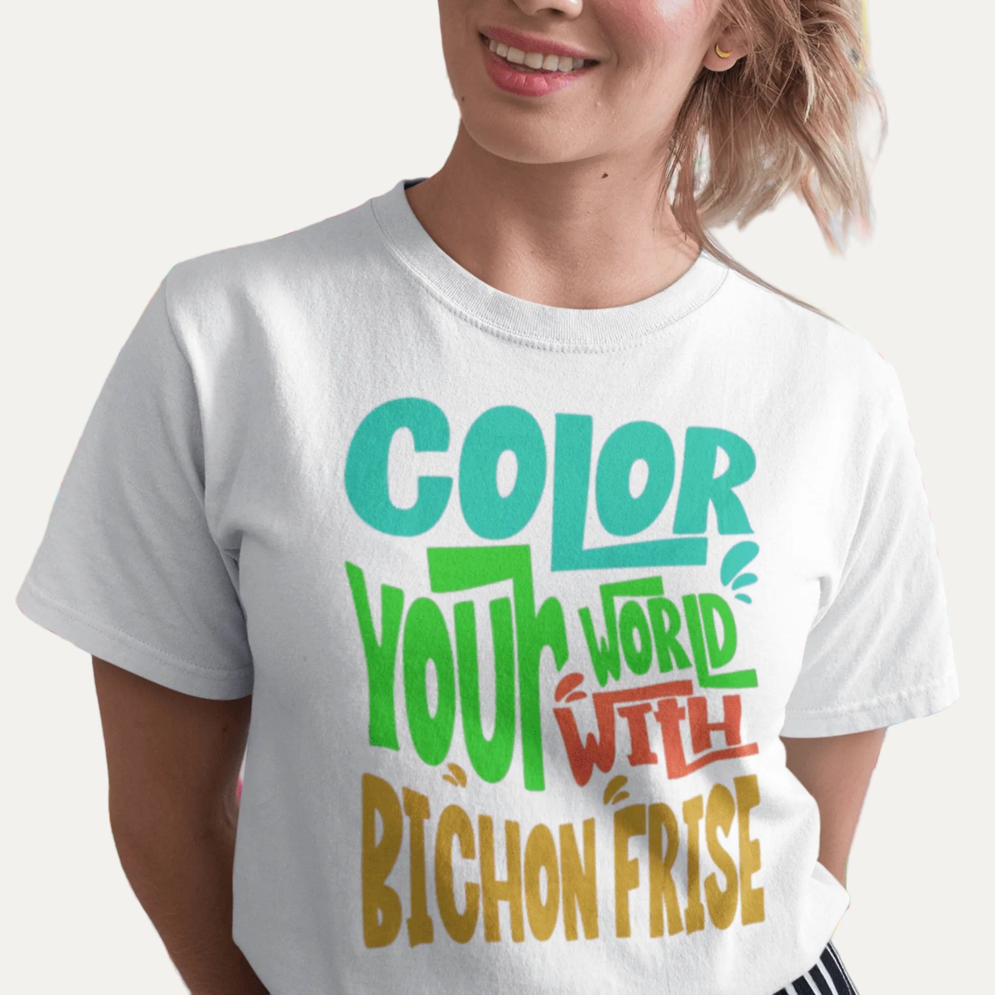 "Color Your World With A Bichon Frise" funny unisex dog lover t-shirt – happy and unique text design for Bichon Frise owners and pet fans