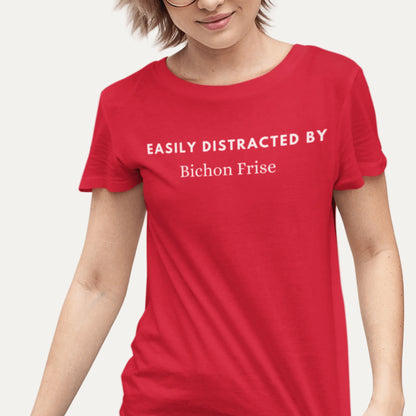 Unisex white tee with “Easily distracted by Bichon Frise” text — perfect for proud Bichon Frise dog lovers who want a unique, stylish look.