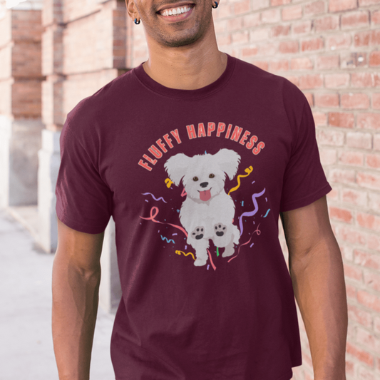 "Colorful 'Fluffy Happiness' Bichon Frise graphic t-shirt – unisex white tee with cheerful white text and a cute, original Bichon dog illustration, perfect for dog lovers and Bichon Frise owners."