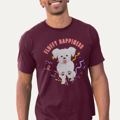 "Colorful 'Fluffy Happiness' Bichon Frise graphic t-shirt – unisex white tee with cheerful white text and a cute, original Bichon dog illustration, perfect for dog lovers and Bichon Frise owners."