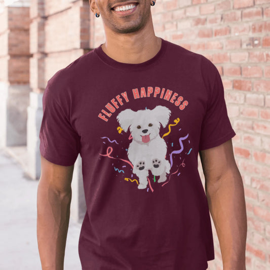 "Colorful 'Fluffy Happiness' Bichon Frise graphic t-shirt – unisex white tee with cheerful white text and a cute, original Bichon dog illustration, perfect for dog lovers and Bichon Frise owners."