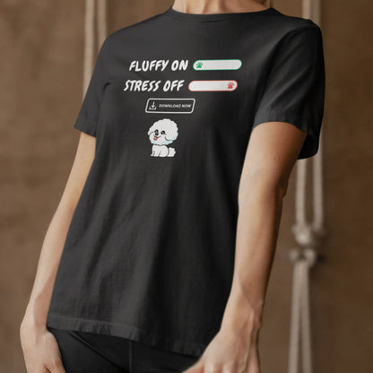 "Fluffy On, Stress Off" unisex T-shirt featuring a cheerful white Bichon Frise illustration and bold white text – perfect for dog lovers and Bichon enthusiasts alike. Fun, lighthearted design on a comfortable tee.