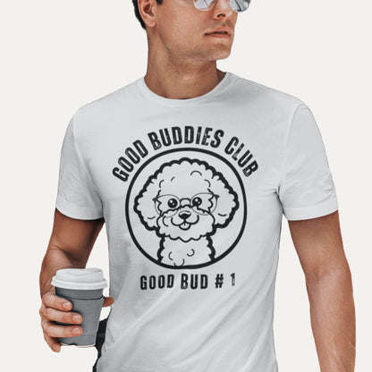 "Good Buddies Club unisex black T-shirt featuring a cheerful, happy Bichon Frise dog illustration wearing glasses, perfect for dog owners and dog lovers. Fun and unique dog-themed shirt design, ideal not only for Bichon Frise fans but all dog enthusiasts."