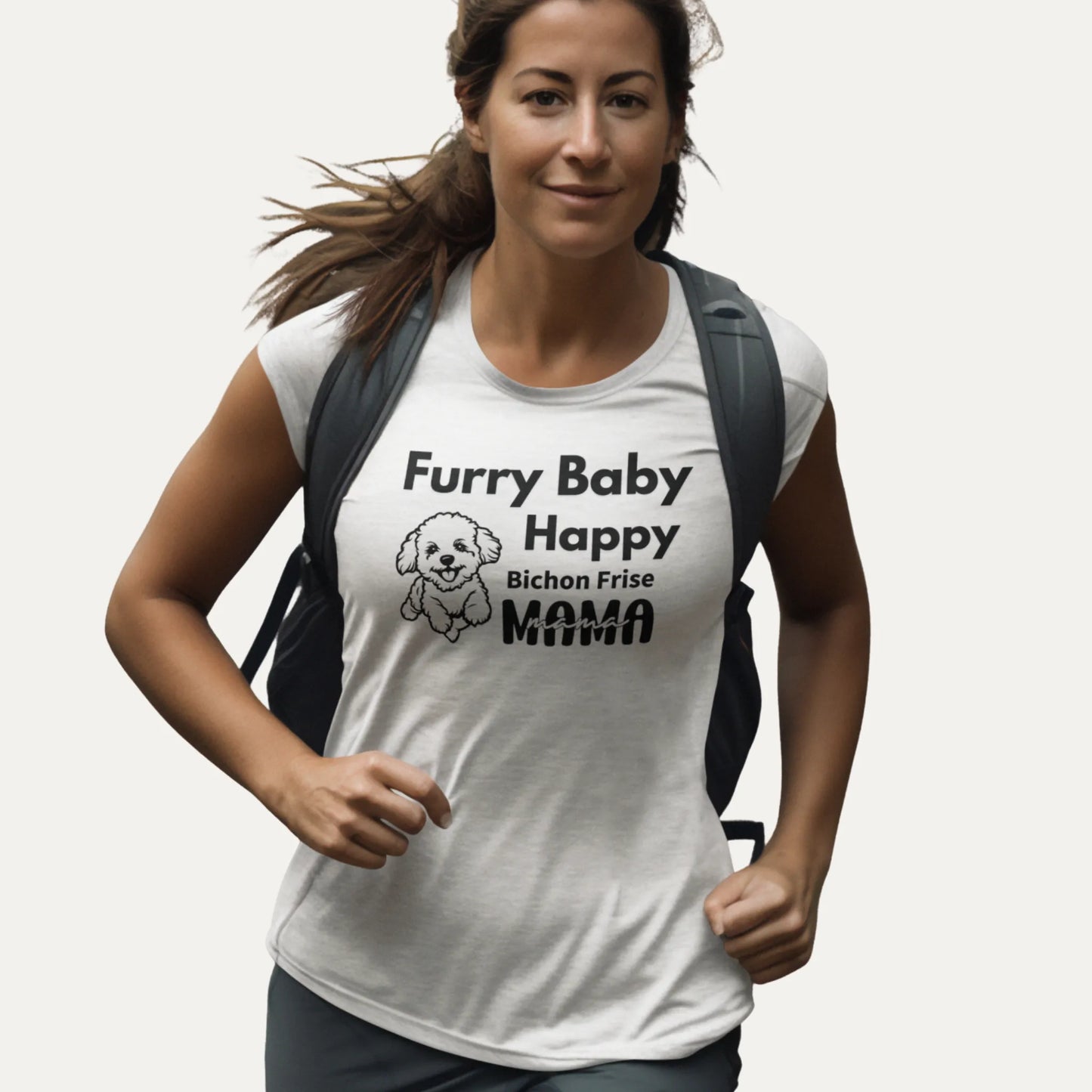 Woman wearing a white t-shirt with text and a dog illustration, running on a light background