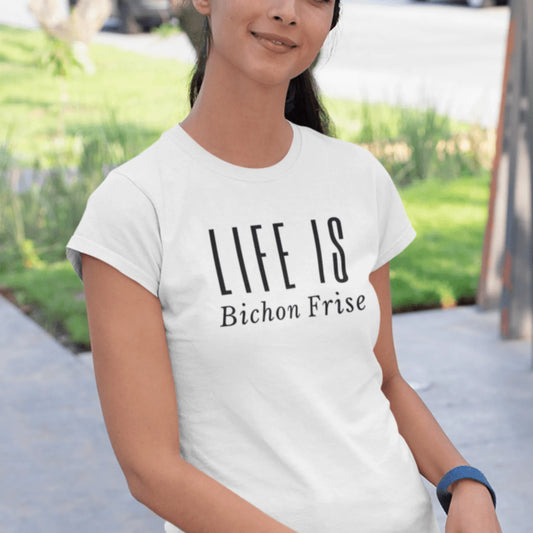 "Funny unisex black text T-shirt reading 'Do You Know What Real Luxury Is? Living With A Bichon!' – perfect for Bichon Frise dog lovers, pet owners, and anyone who enjoys quirky, stylish dog-themed fashion."