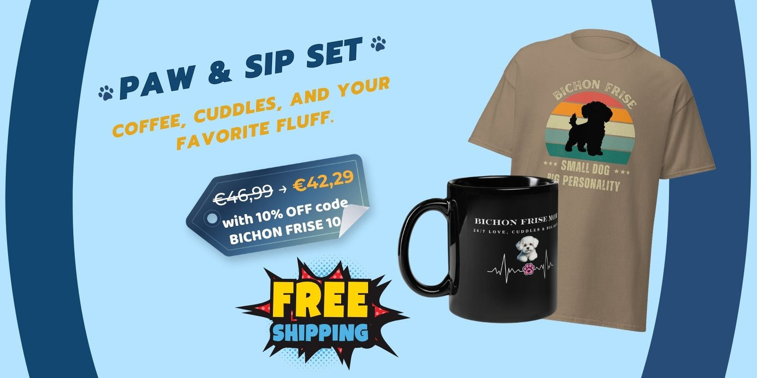 Paw & Sip Set – Bichon Frise T-shirt and mug gift bundle for dog lovers. Choose your favorite funny or coffee-themed design and enjoy 10% off with free worldwide shipping