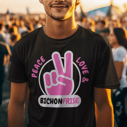 "Peace ,Love, Bichon Frise"-Unisex Bichon Frise T-Shirt for Dog Owners