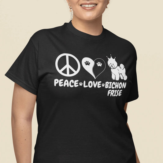 "Peace ,Love, Bichon Frise"-Unisex Bichon Frise T-Shirt for Dog Owners