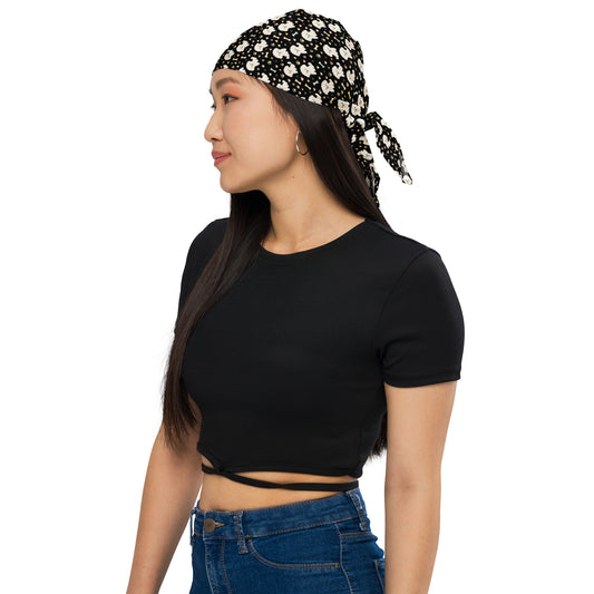 Woman wearing black Bichon Frise print bandana – cute dog lover headscarf by Fun Factory Frise