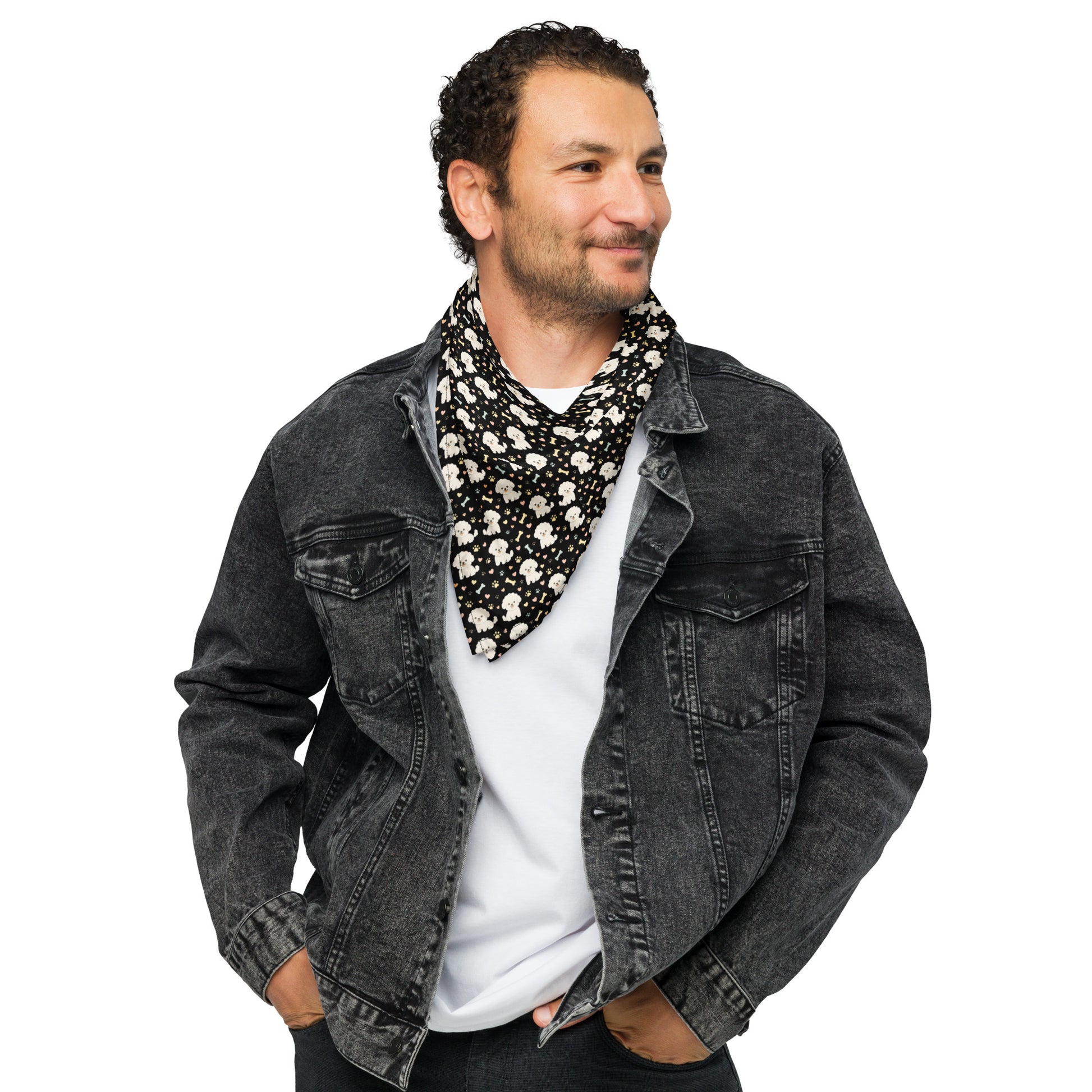 Man wearing black bandana with cute Bichon Frise dog pattern, styled around the neck with casual denim jacket