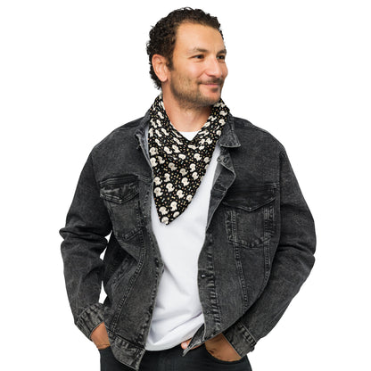 Man wearing black bandana with cute Bichon Frise dog pattern, styled around the neck with casual denim jacket