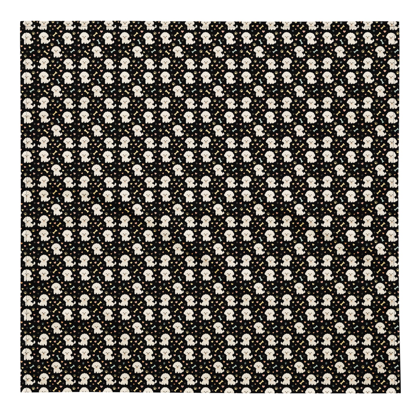 Flat lay black bandana with cute Bichon Frise dog pattern, paw prints, hearts and bones on fabric surface