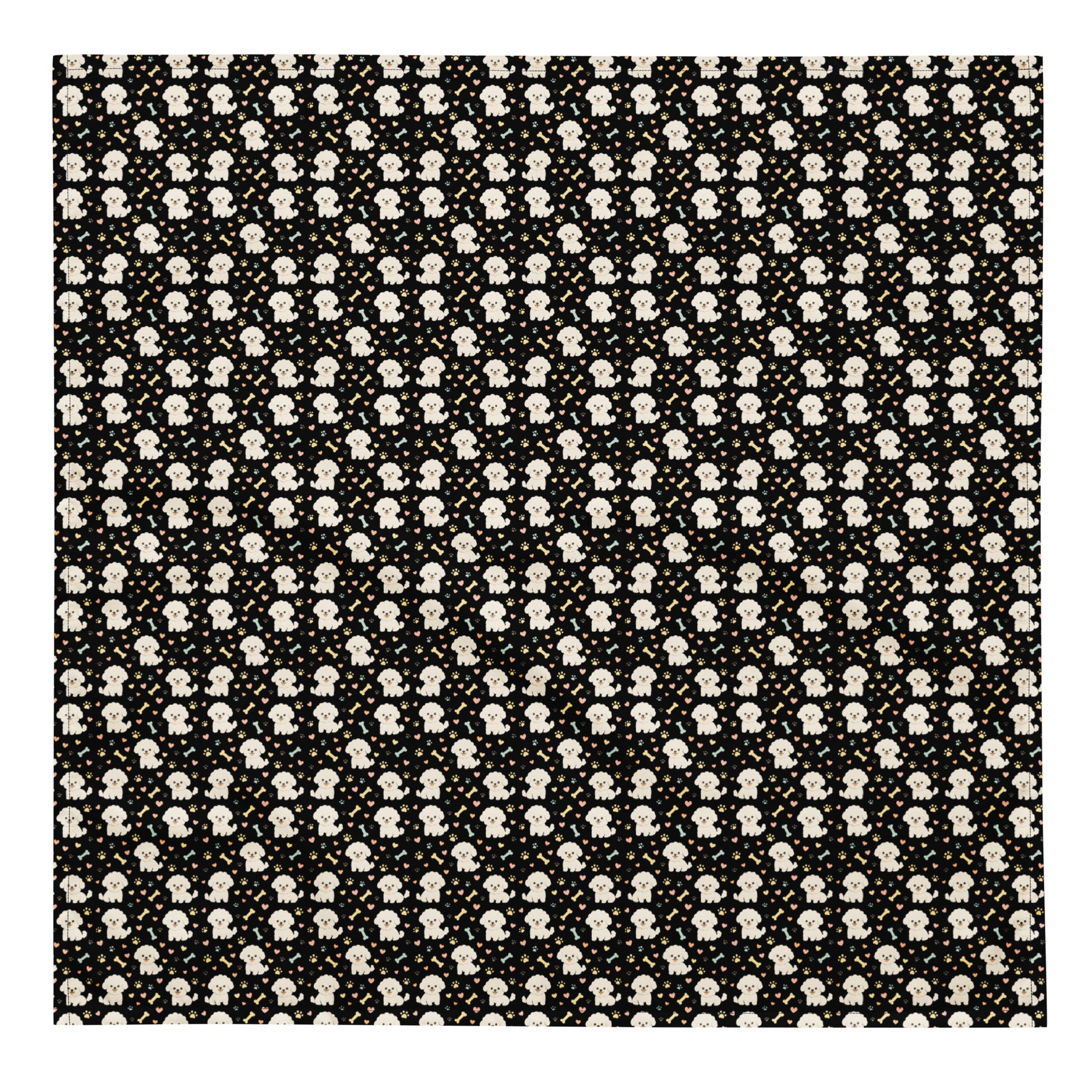 Flat lay black bandana with cute Bichon Frise dog pattern, paw prints, hearts and bones on fabric surface