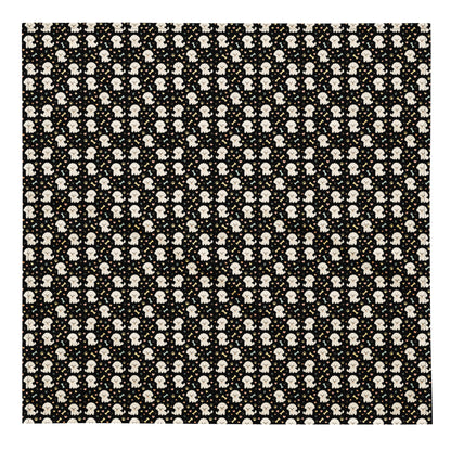 Flat lay black bandana with cute Bichon Frise dog pattern, paw prints, hearts and bones on fabric surface