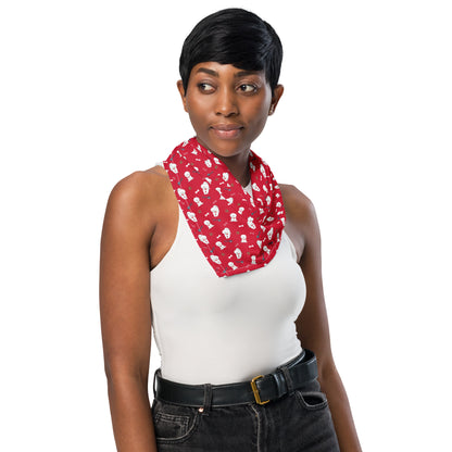 Woman wearing red Bichon Frise bandana scarf – stylish dog lover accessory by Fun Factory Frise