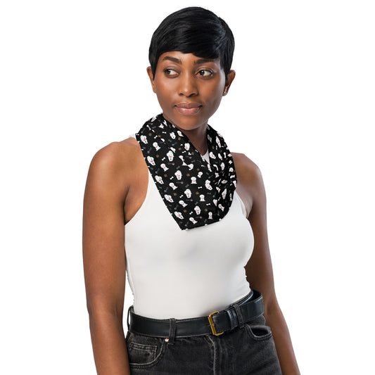 Woman wearing black Bichon Frise patterned bandana around neck – Stylish dog lover accessory