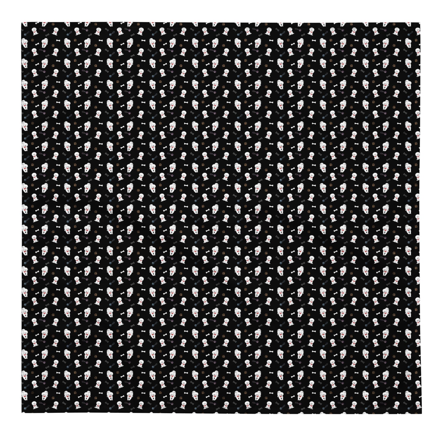 Black bandana with cute Bichon Frise dog pattern, hearts and paw prints – Fun Factory Frise accessory