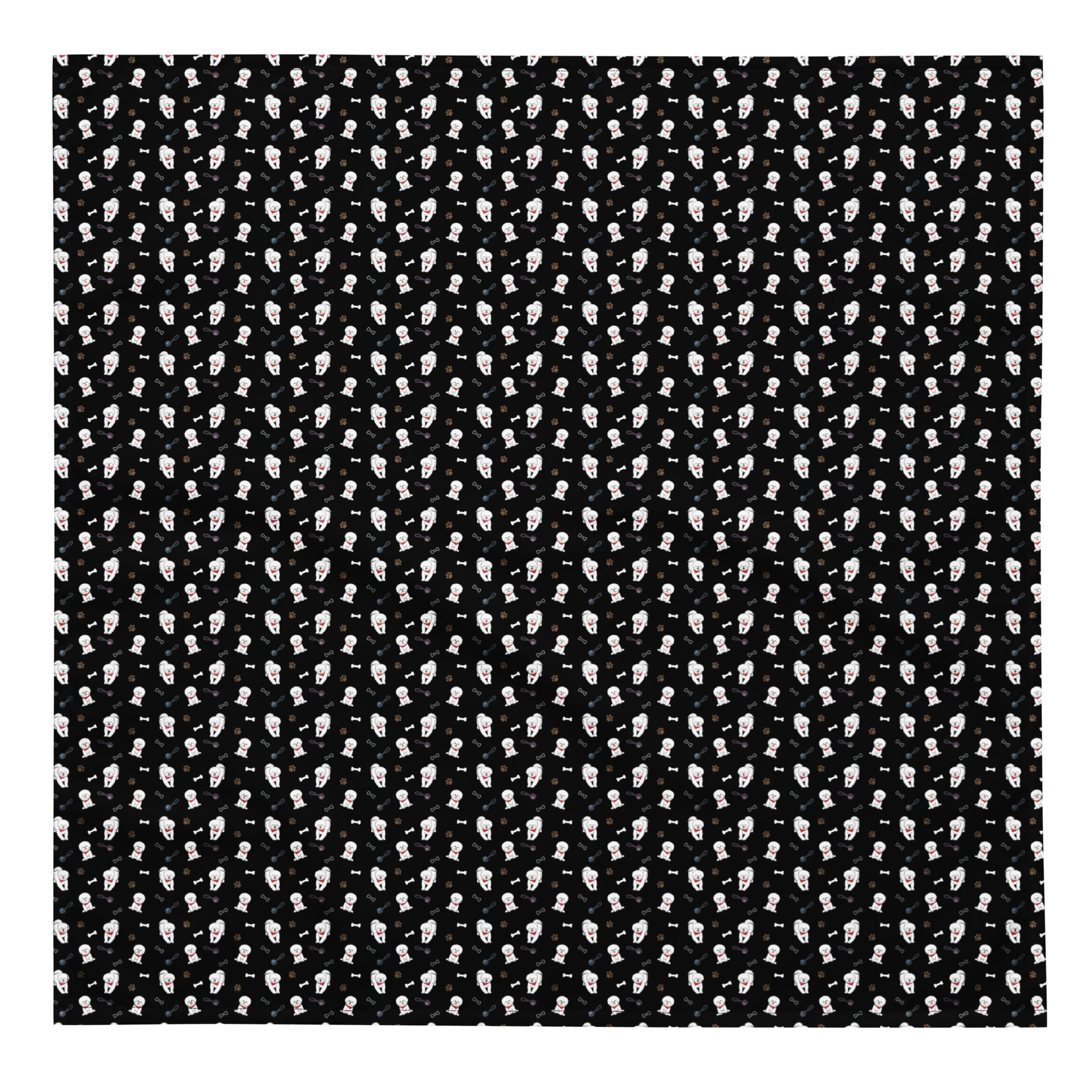 Black bandana with cute Bichon Frise dog pattern, hearts and paw prints – Fun Factory Frise accessory