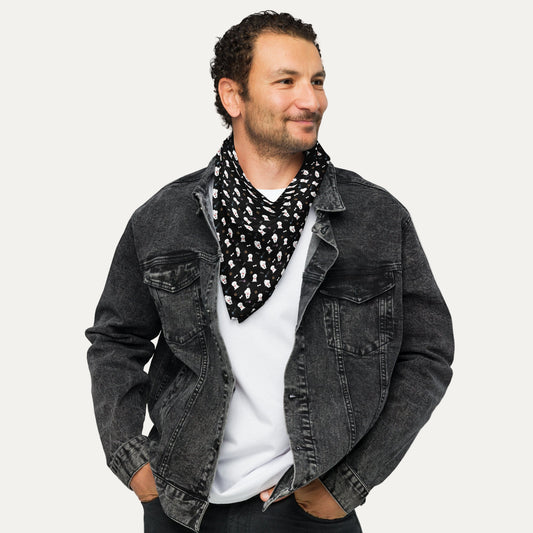 Man wearing black bandana with Bichon Frise dog pattern – stylish unisex accessory by Fun Factory Frise
