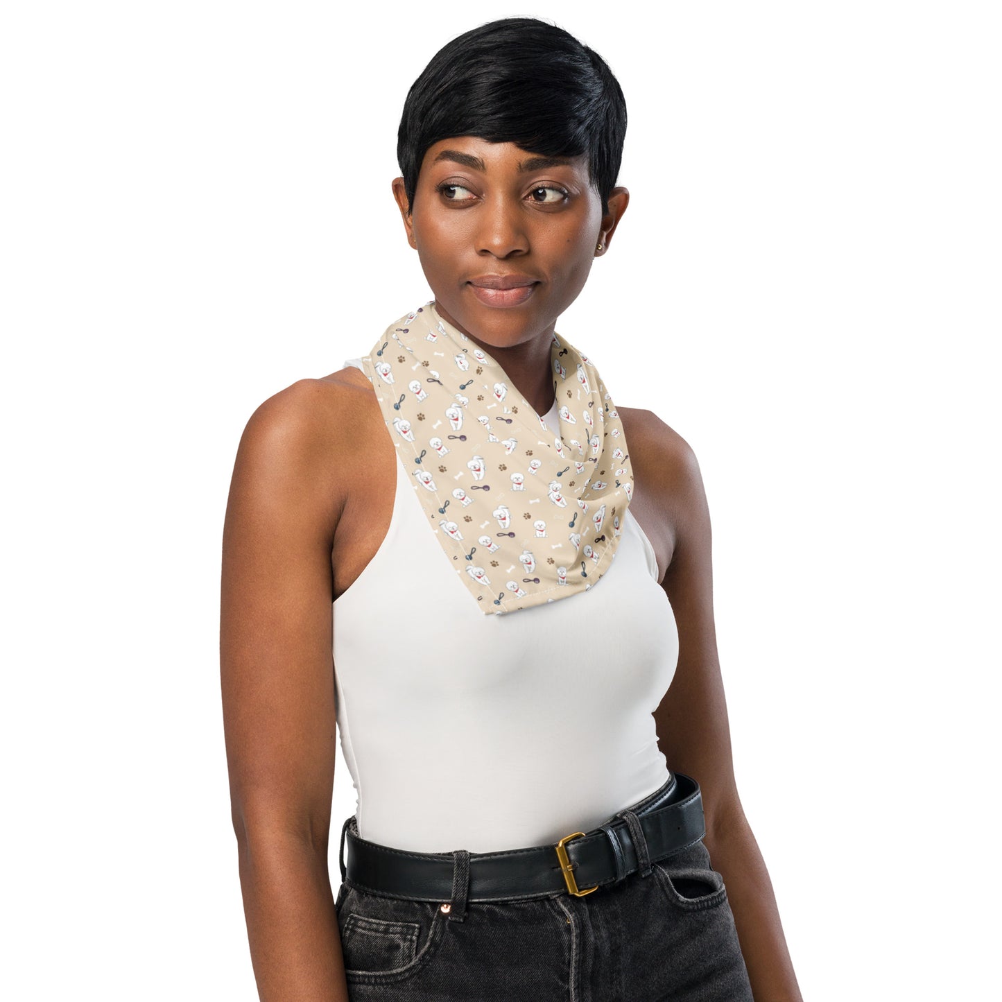 Woman wearing beige Bichon Frise patterned bandana around neck – Playful Dog Lover Accessory