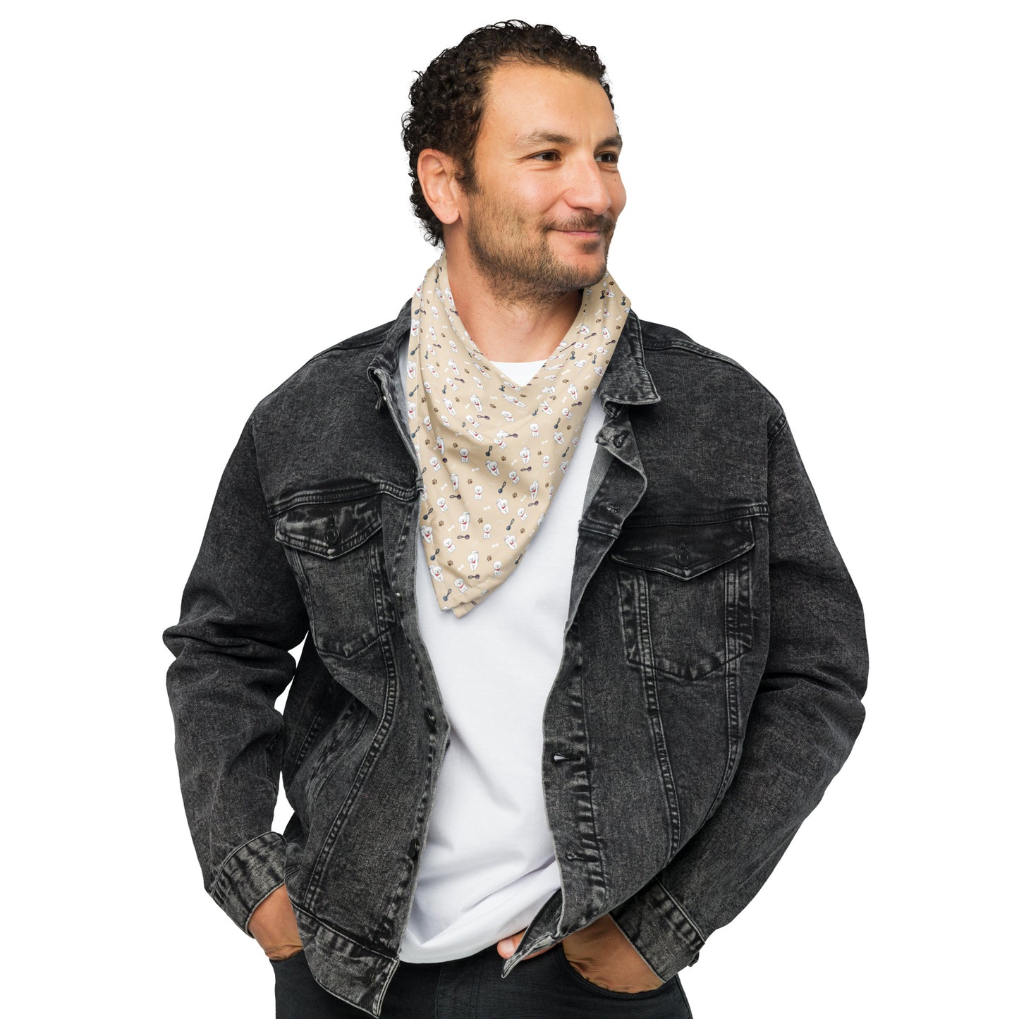 Man wearing beige Bichon Frise patterned bandana – Stylish Dog Lover Accessory