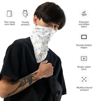 Person wearing a white face mask with cartoon designs, surrounded by product features on a white background.