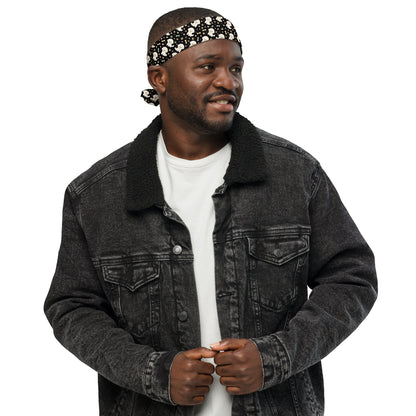 Man wearing black Bichon Frise print bandana as headband – stylish dog lover accessory by Fun Factory Frise