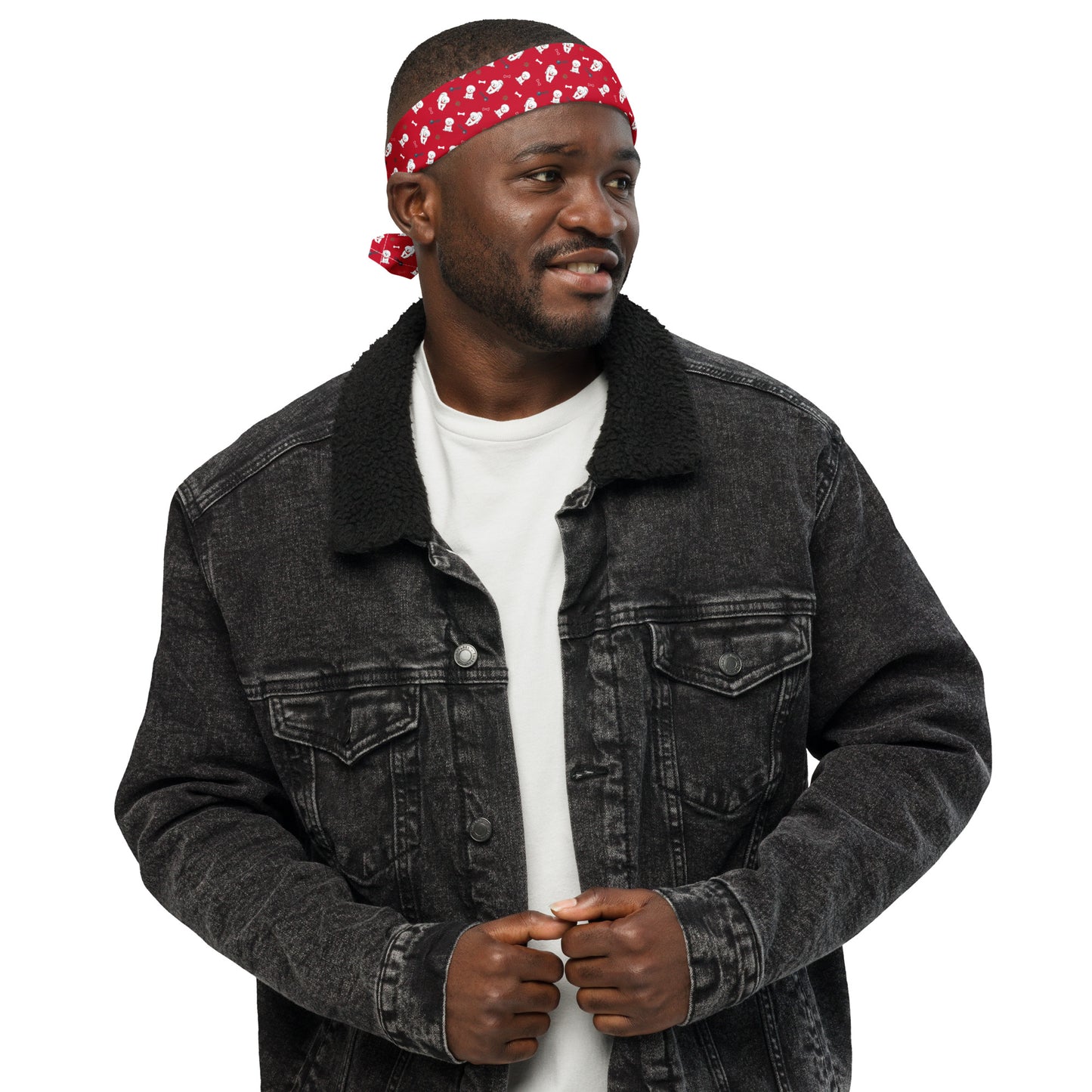 Man wearing red Bichon Frise bandana as headband – fun dog lover fashion accessory by Fun Factory Frise
