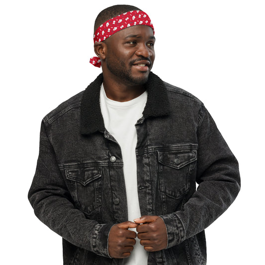 Man wearing red Bichon Frise bandana as headband – fun dog lover fashion accessory by Fun Factory Frise