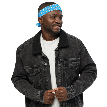 Man wearing blue Bichon Frise patterned bandana as headband – Fun Dog Lover Accessory