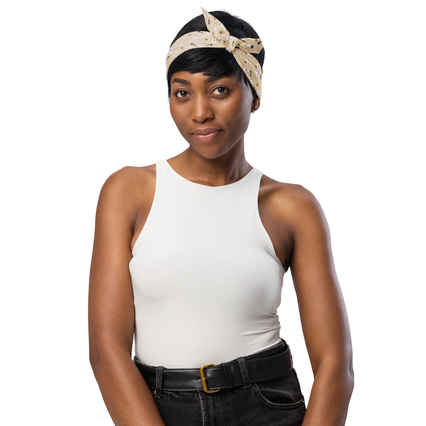 Woman wearing beige Bichon Frise patterned bandana as headband – Cute Dog Lover Accessory