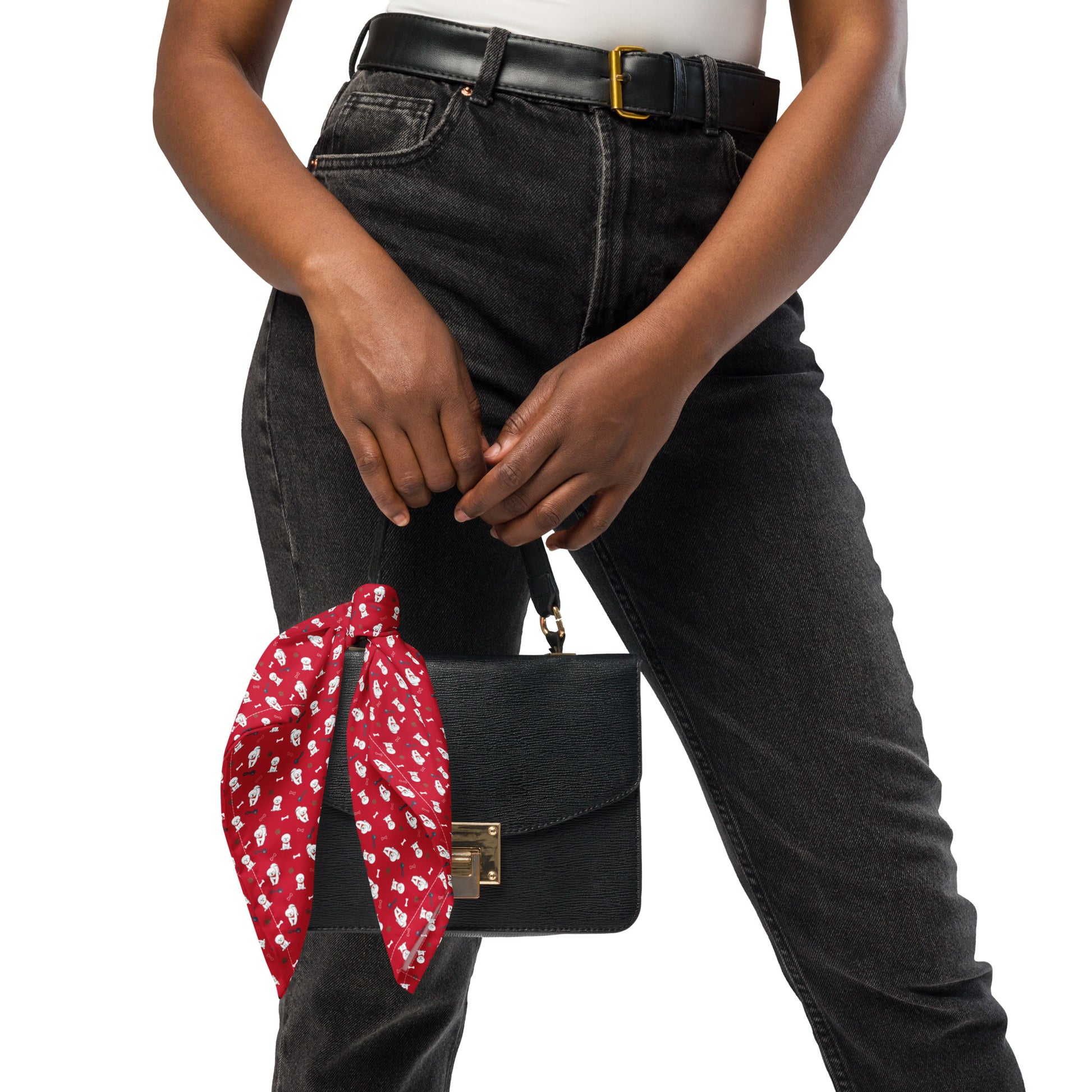 Red Bichon Frise bandana tied to black handbag – stylish dog lover accessory by Fun Factory Frise