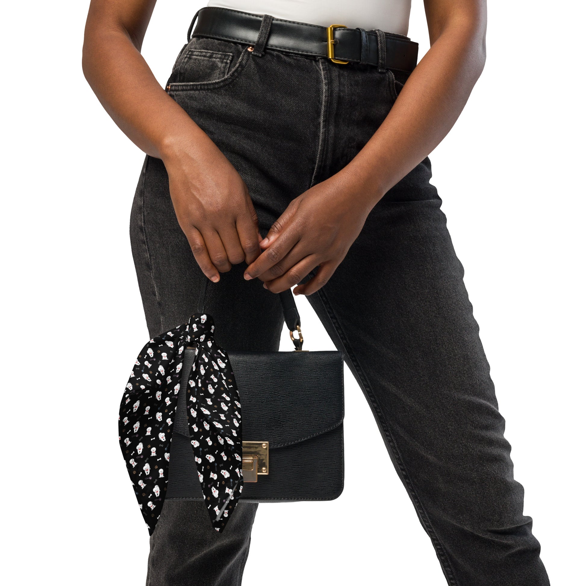 Black handbag styled with black bandana featuring cute Bichon Frise dog pattern – versatile accessory by Fun Factory Frise