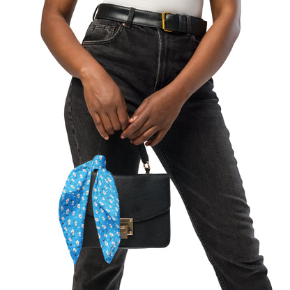Blue Bichon Frise patterned bandana tied on black handbag – Stylish Dog Lover Accessory
