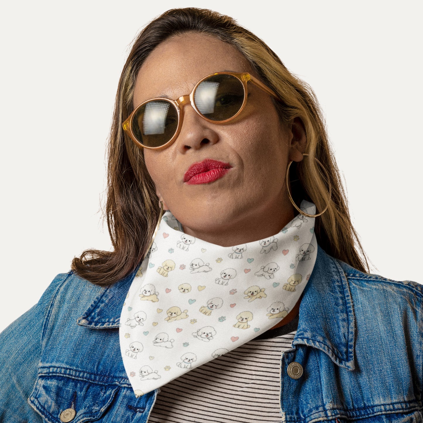 Woman wearing a stylish white Bichon Frise bandana with cute cartoon dog and paw print pattern – perfect gift for Bichon lovers from Fun Factory Frise