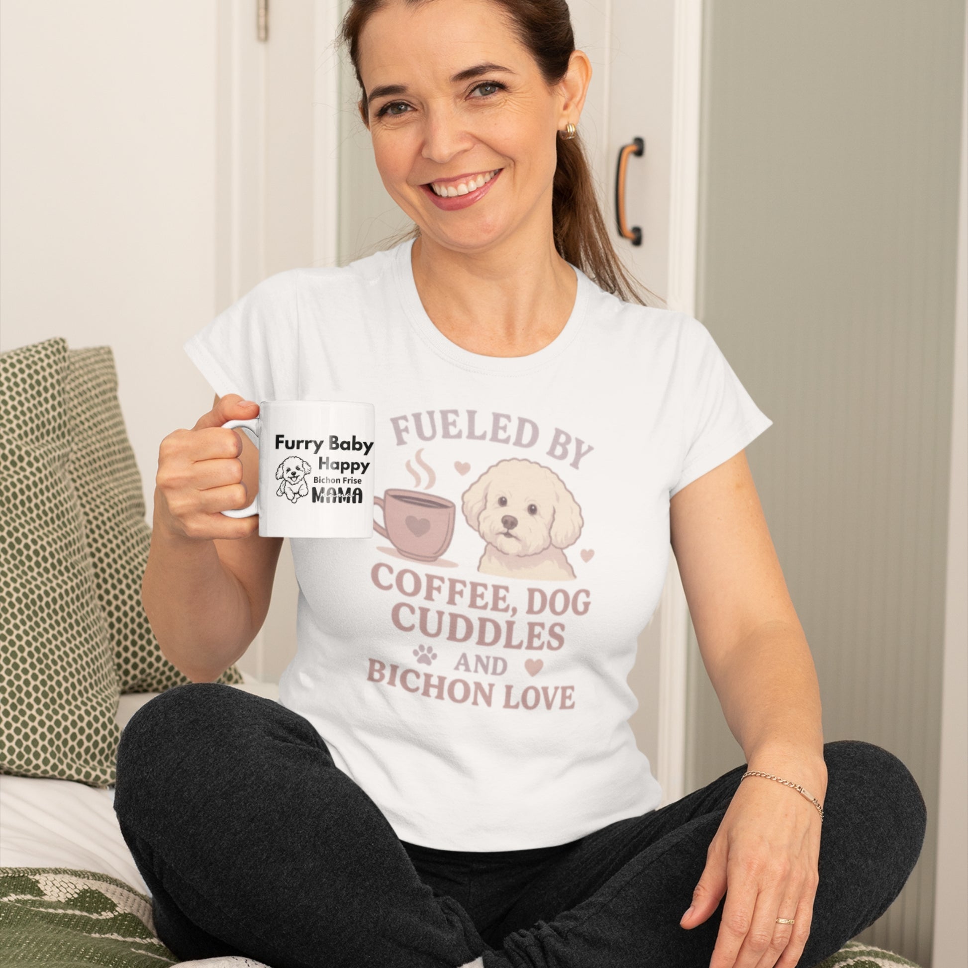 Smiling woman wearing a Bichon Frise T-shirt and holding a matching dog-themed mug – perfect gift set for dog moms