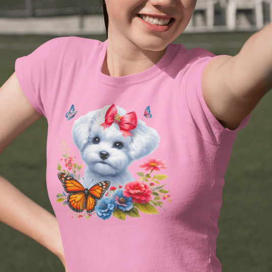 Bichon Frise With Flowers And Butterflies-Unisex Bichon Frise T-Shirt for Dog Owners