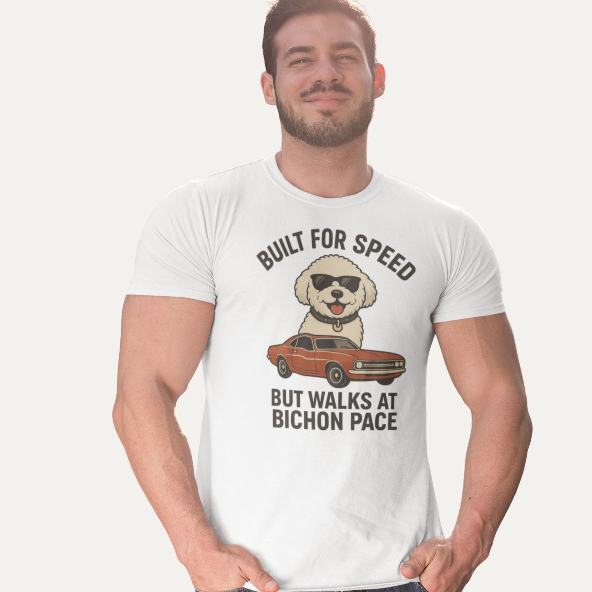 Funny Bichon Frise dog dad T-shirt – Built for Speed but walks at Bichon pace design, perfect gift for car lovers and dog owners.