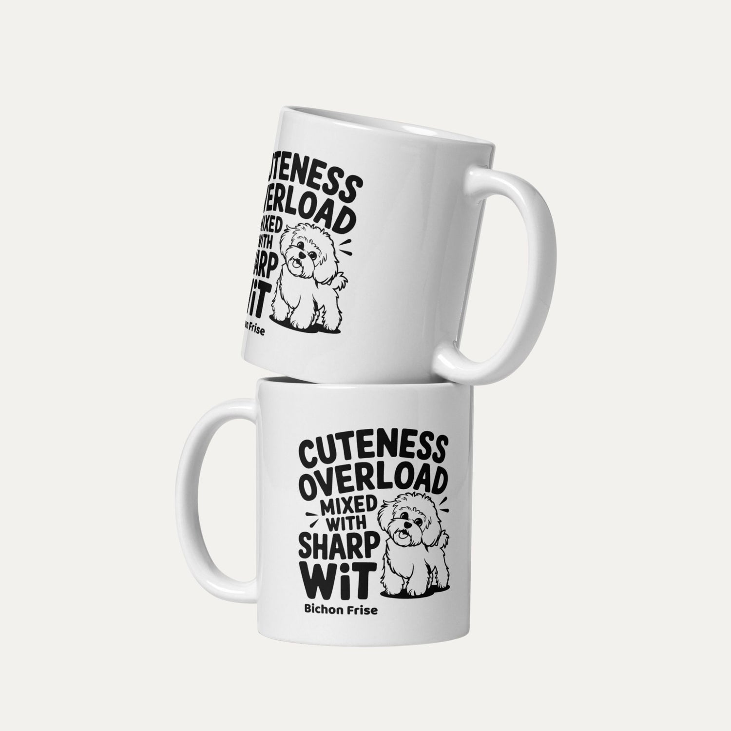 Two white ceramic mugs with the design Cuteness Overload Mixed With Sharp Wit featuring a cute Bichon Frise illustration – funny gift for dog lovers