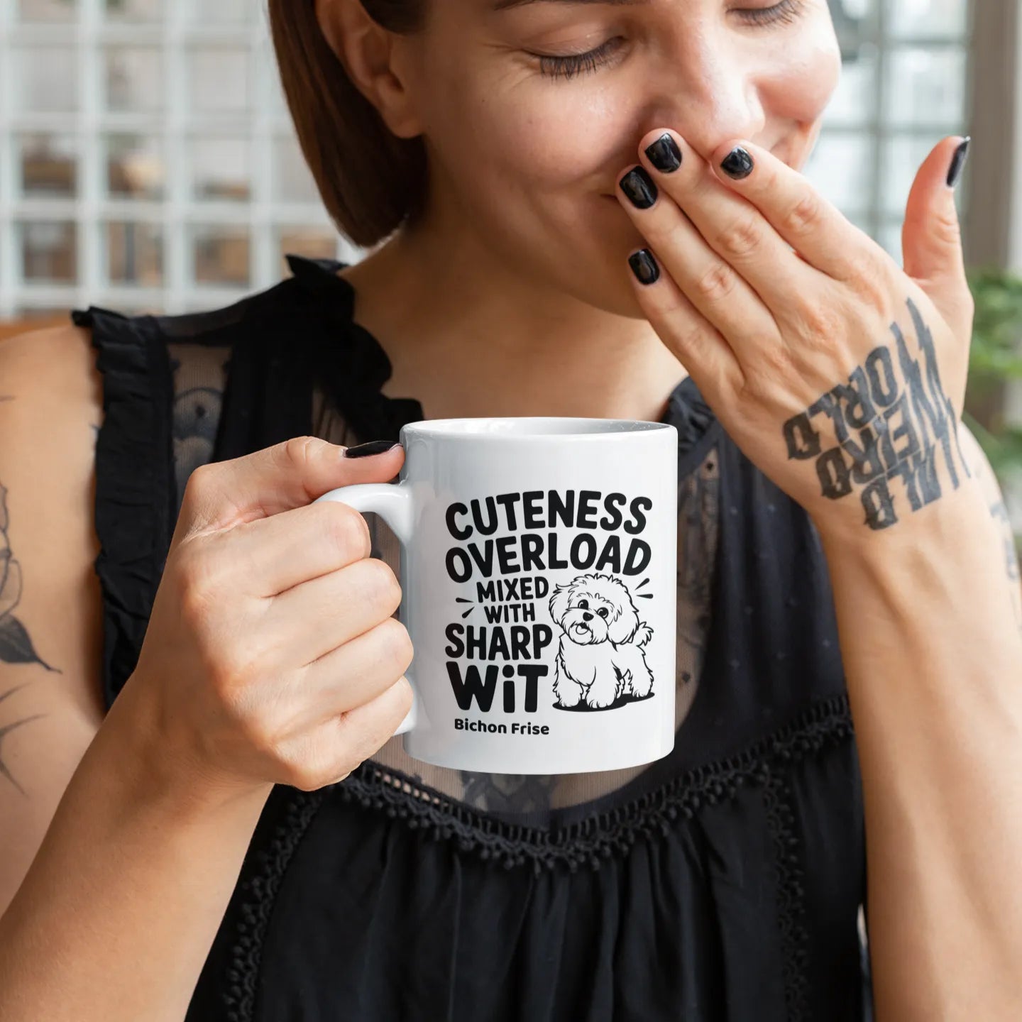 Smiling woman holding a white ceramic mug with the text Cuteness Overload Mixed With Sharp Wit and a Bichon Frise illustration – funny gift for dog lovers