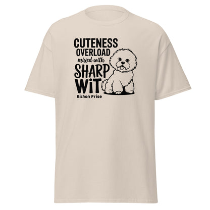 “Unisex black T-shirt with white text ‘Cuteness Overload Mixed With Sharp Wit’ featuring a playful and sarcastic design, perfect for Bichon Frise dog owners and dog lovers. Unique, fun, witty graphic tee for men and women.”