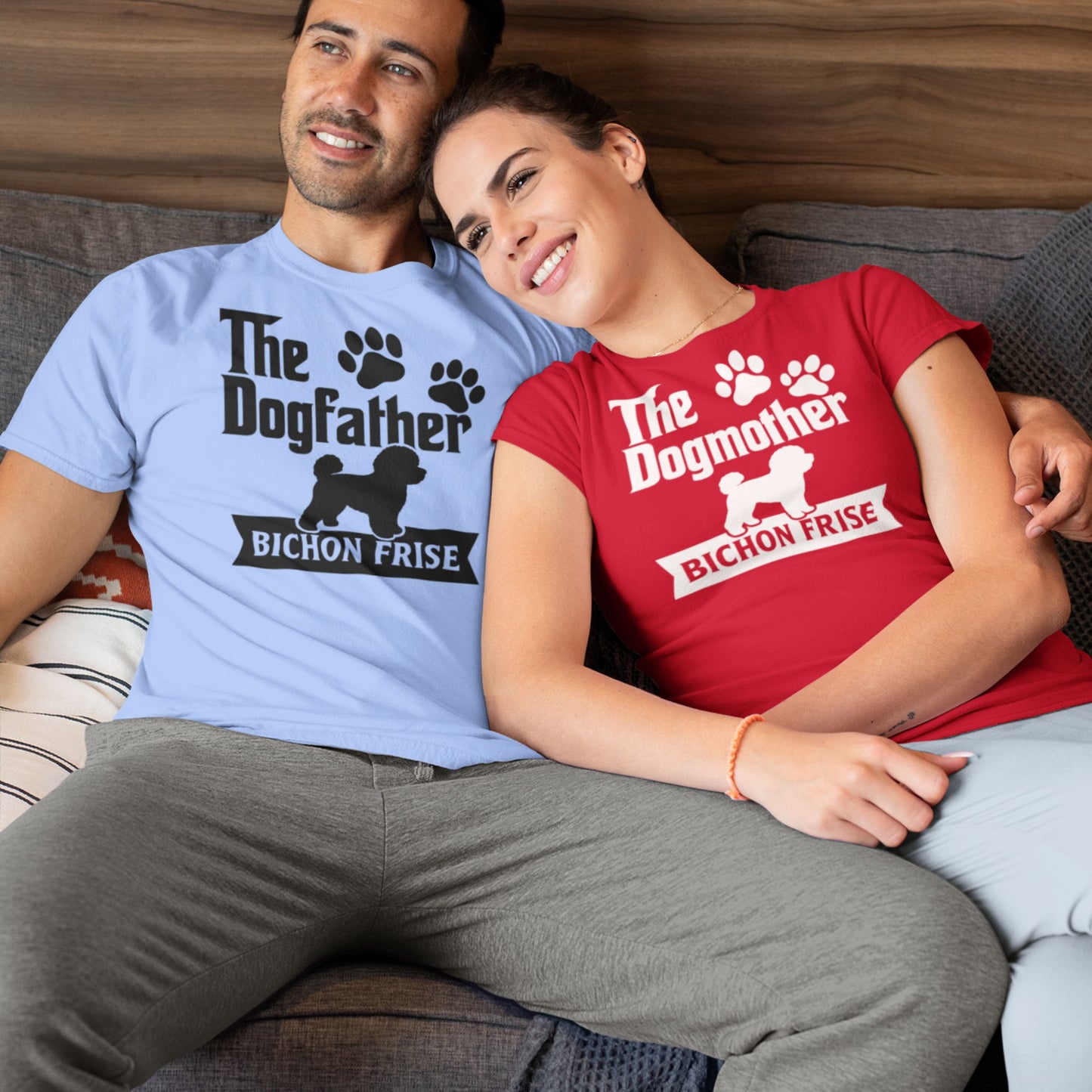 Couple wearing matching “The Dogfather” and “The Dogmother” Bichon Frise T-shirts from the Double Fluff Pack – perfect gift for dog lovers