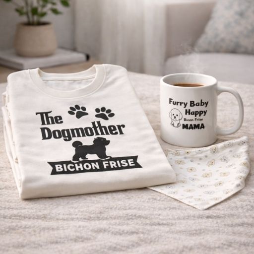 Bichon Frise lifestyle set featuring a T-shirt, mug, and bandana styled for everyday use
