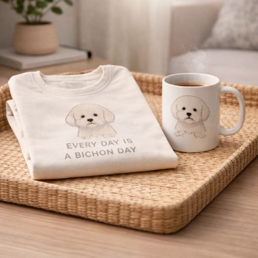 Everyday Sip Set with Bichon Frise T-shirt and matching coffee mug on a neutral lifestyle setting