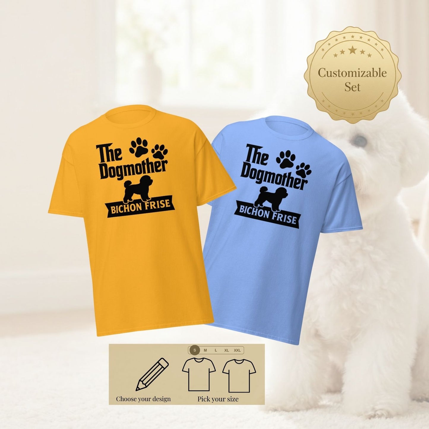 Customizable Everyday Wear Set with two Bichon Frise T-shirts in different colors