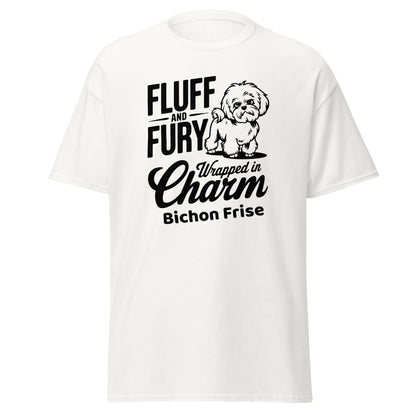 "Unisex black T-shirt with sarcastic black text 'Fluff And Fury Wrapped In Charm' featuring a cute Bichon Frise dog illustration, perfect for Bichon Frise dog lovers and owners."