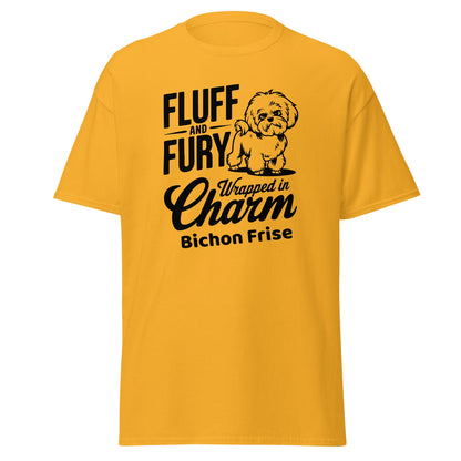 "Unisex black T-shirt with sarcastic black text 'Fluff And Fury Wrapped In Charm' featuring a cute Bichon Frise dog illustration, perfect for Bichon Frise dog lovers and owners."