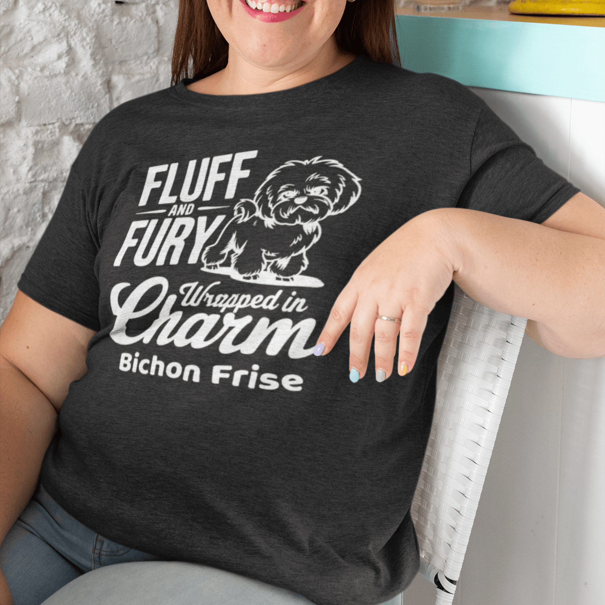 "Fluff And Fury Wrapped In Charm - Unisex Bichon Frise T-Shirt with white sarcastic text and cute dog illustration, stylish shirt for Bichon Frise dog owners and dog lovers, comfortable casual wear for men and women."