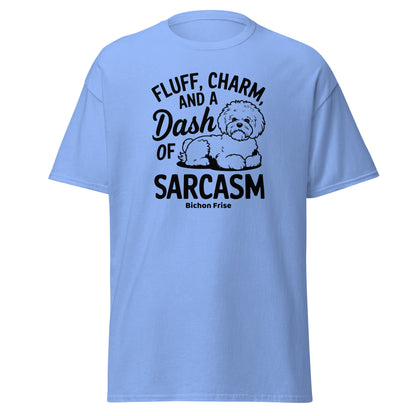 "Unisex Bichon Frise T-shirt with black text design 'Fluff, Charm and a Dash of Sarcasm' featuring a cute custom dog illustration – perfect gift for Bichon lovers and dog owners."