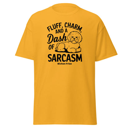 "Unisex Bichon Frise T-shirt with black text design 'Fluff, Charm and a Dash of Sarcasm' featuring a cute custom dog illustration – perfect gift for Bichon lovers and dog owners."